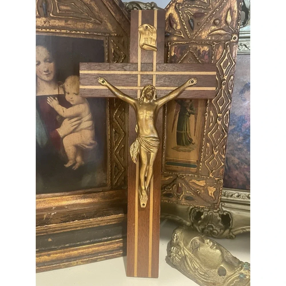 Vtg  Wooden Crucifix  With Wood Inlays Catholic‎ Cross Jesus Christ 10